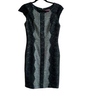 Betsey Johnson Tweed Black Lace Overlay Sheath Cap Sleeve Dress Size 4